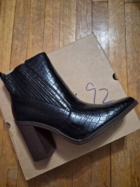 Croc-Embossed Black Block Heel Ankle Booties